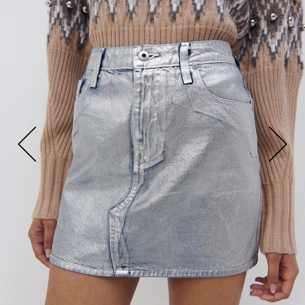 Simkhai Quinn Mid Rise Mini Denim Skirt in Silver Foil Size US 32 fits like 29